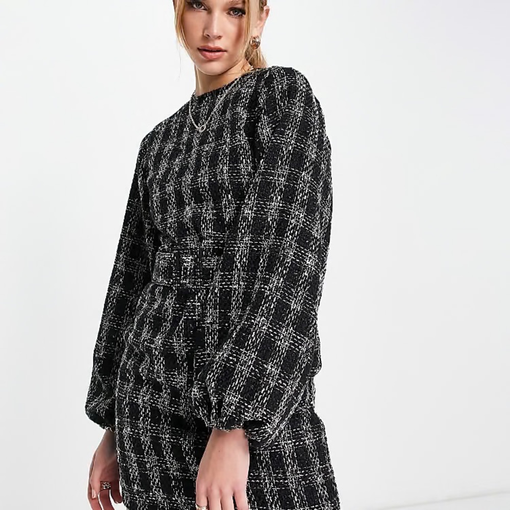 ASOS DESIGN belted white and black boucle mini dress